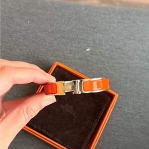 Orange Enamel Bracelet with Silver Hinge